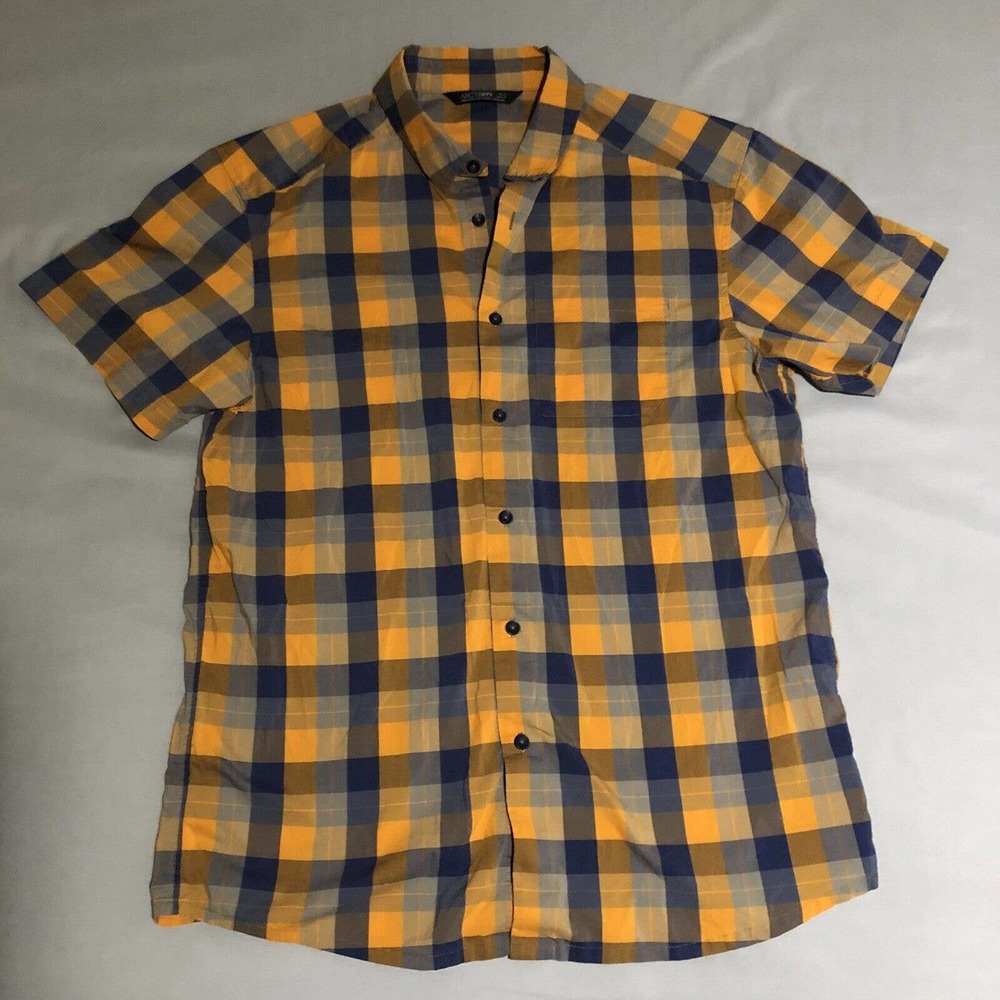 Arc'teryx men's Large blue / orange Plaid Casual Short Sleeve Button Up shirt